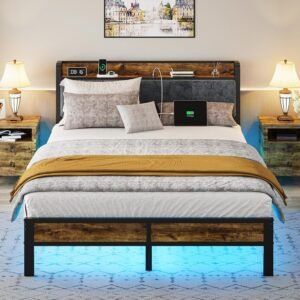 cama de plataforma de metal con luces LED inteligentes y estación de carga USB